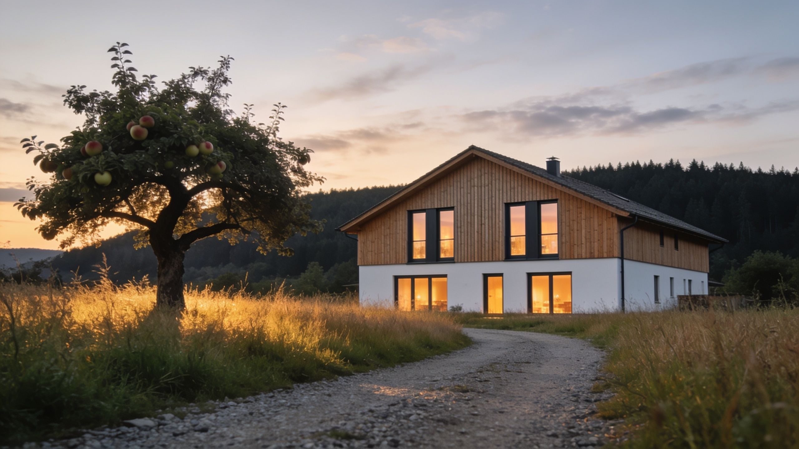 Abendlicht über einem Haus am Waldrand im Landkreis Ebersberg
