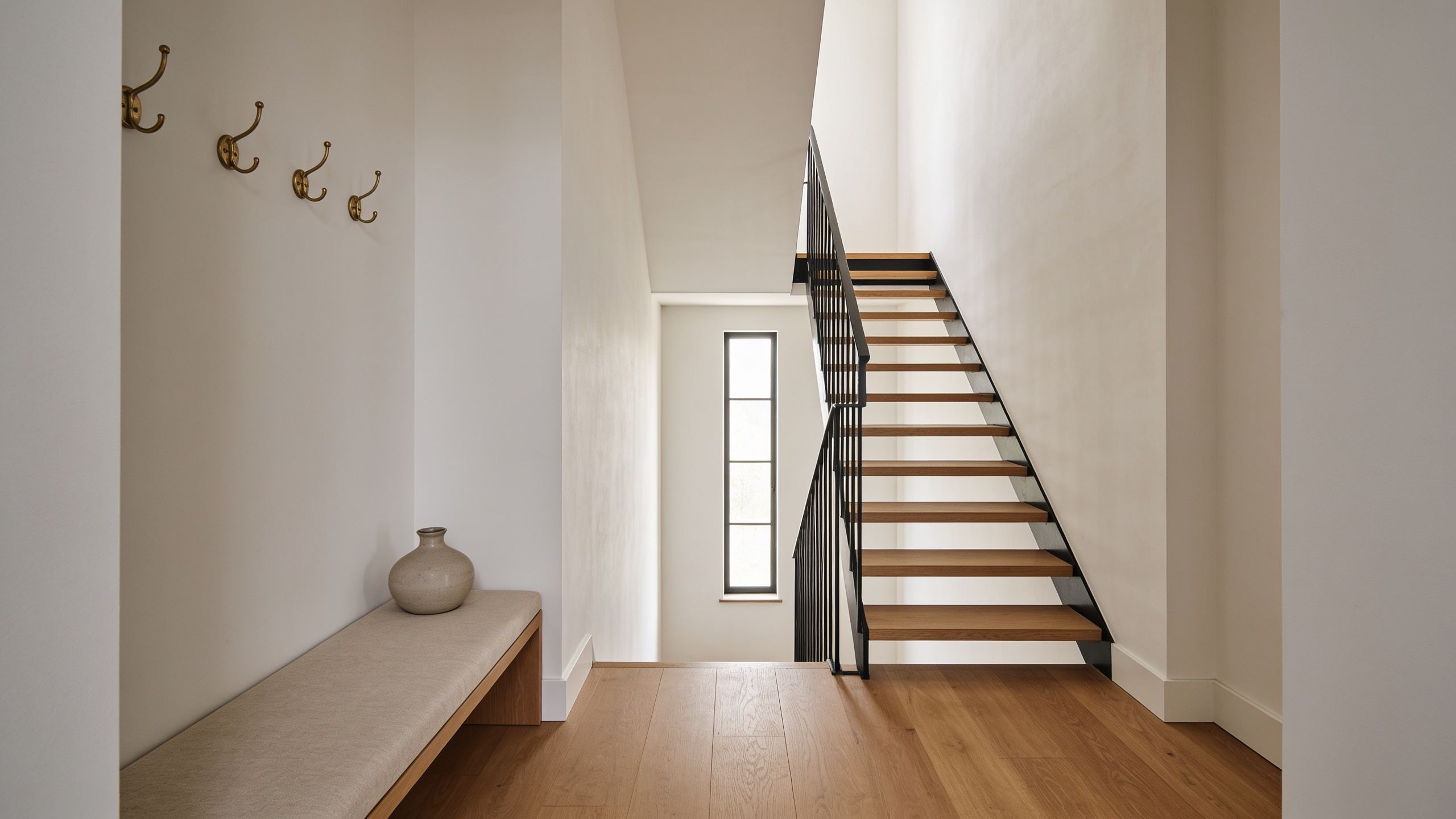 Heller Eingangsbereich mit Eichendielen und offener Treppe