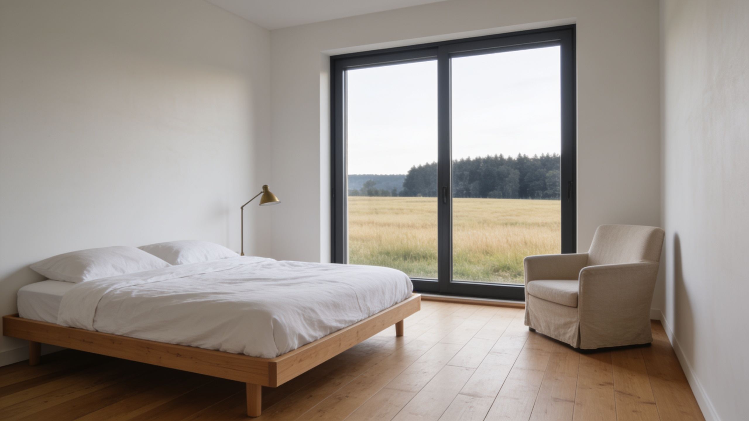 Ruhiges Schlafzimmer mit großem Fenster zur Wiese