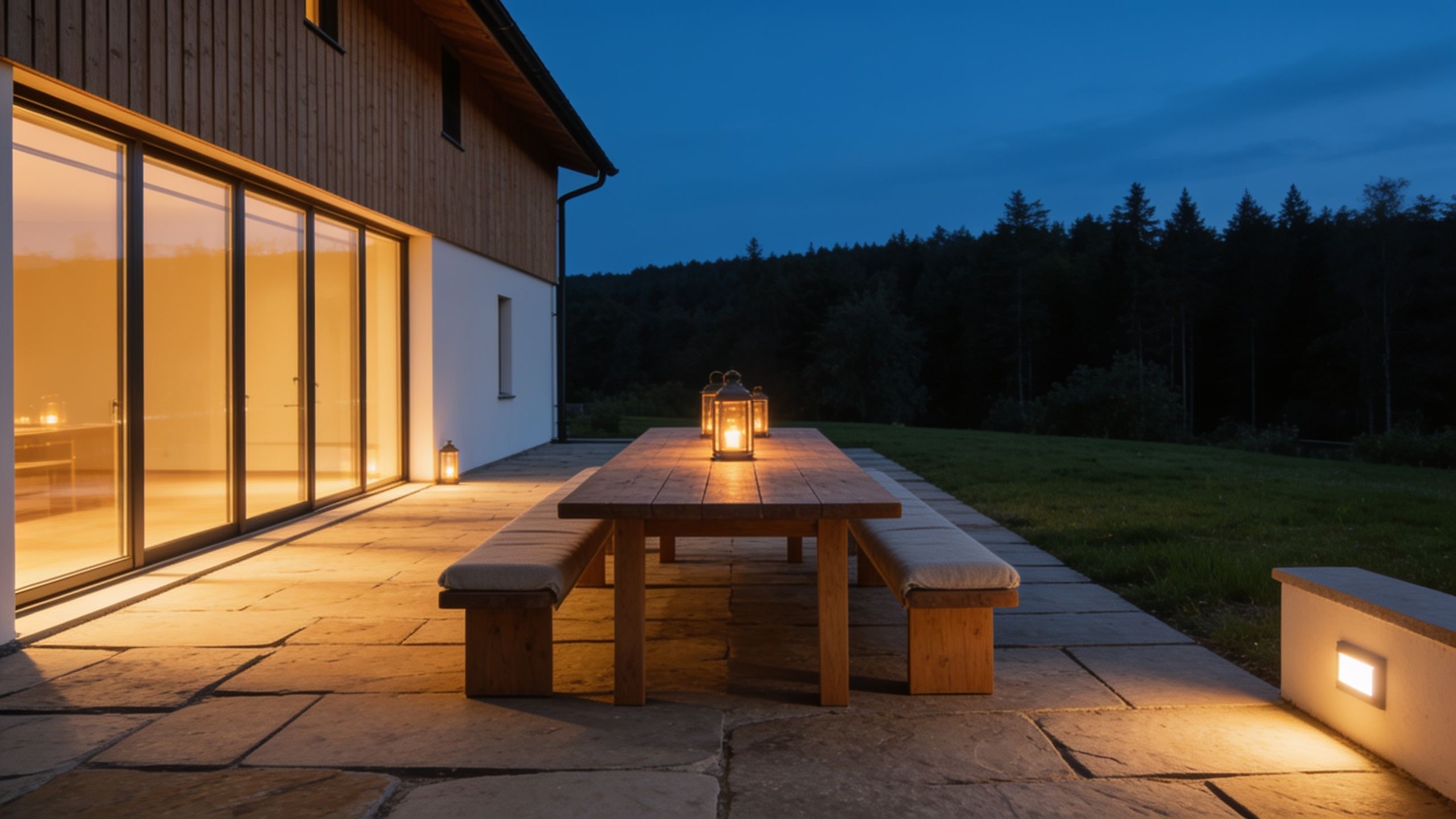 Terrasse in der blauen Stunde, Laternen auf einem langen Holztisch